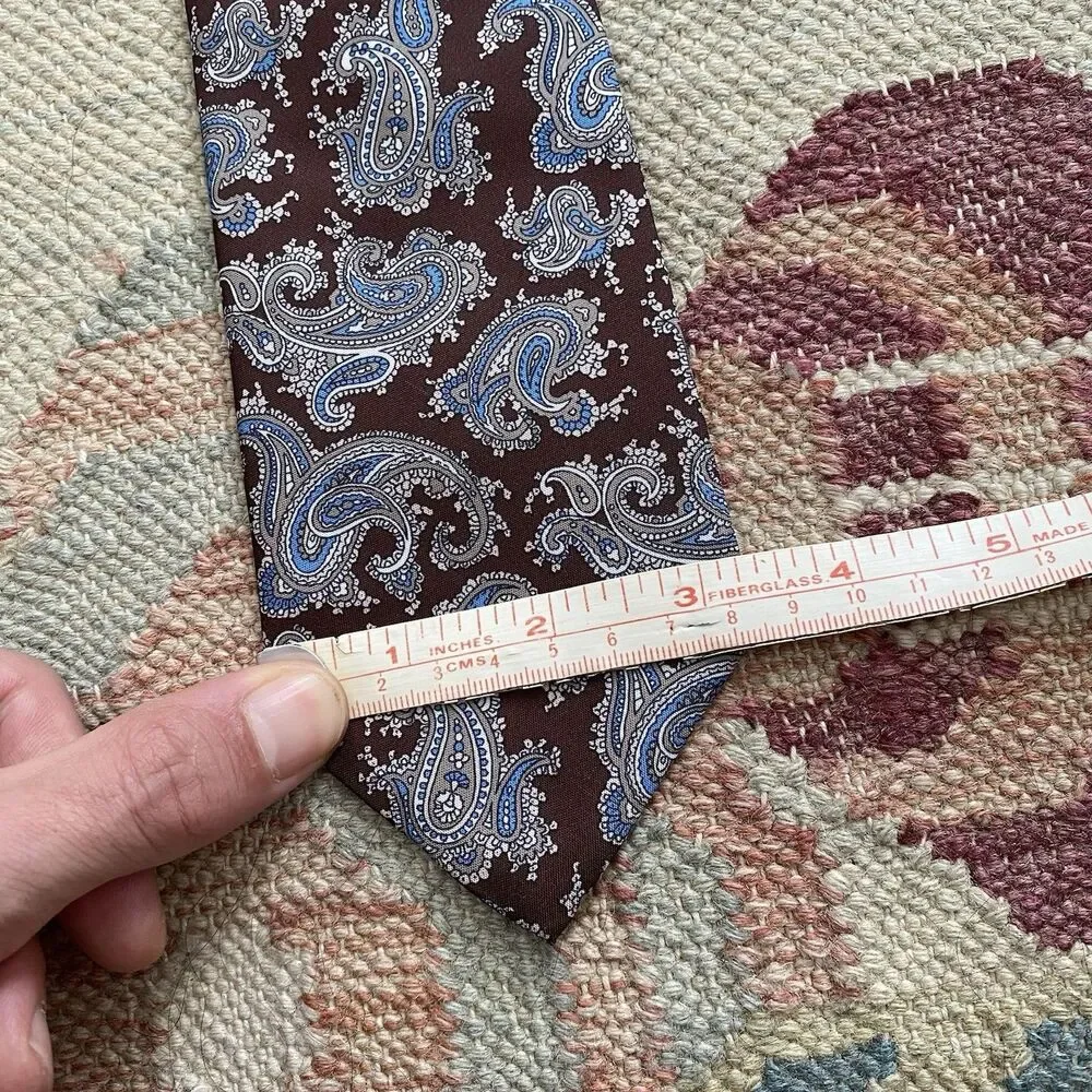 Vintage 70s Paisley Tie Narrow Polyester Brown Blue Mod